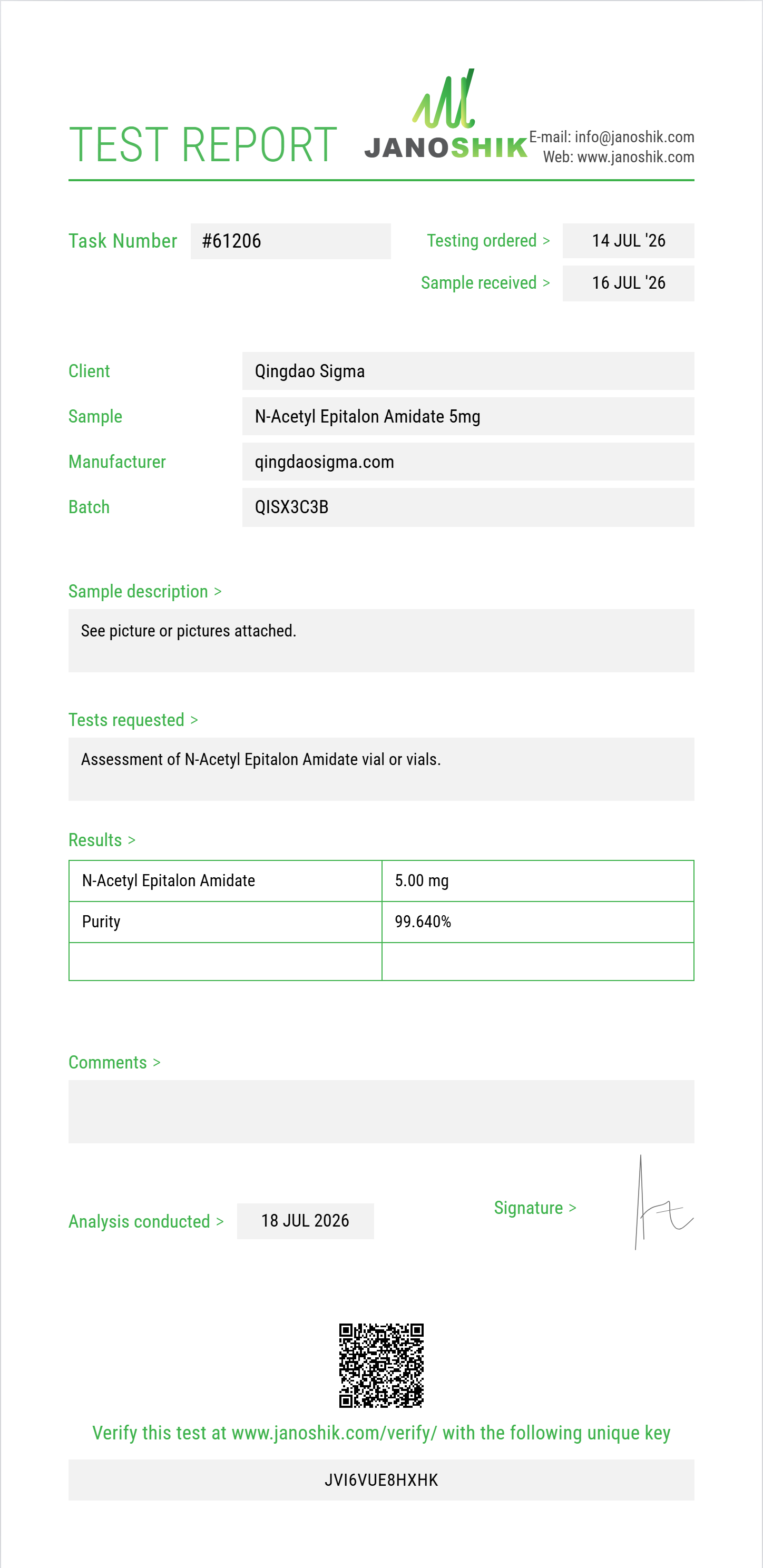 N-Acetyl Epitalon Amidate Purity (HPLC) report by Janoshik Analytical