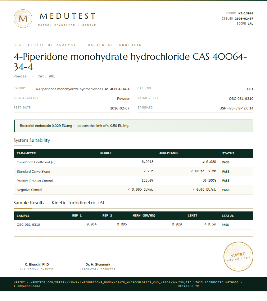 4-Piperidone monohydrate hydrochloride CAS 40064-34-4 Endotoxin report by Medutest